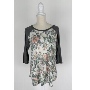 Mittoshop Floral 3/4 Sleeve Baseball Tee Shirt Womens Size Large Grey White New